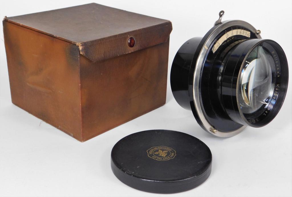 Wollensak Velostigmat 15-1/2" f/4.5 Lens: ,, Wollensak Velostigmat Series II 15-1/2" f/4.5 lens, with Wollensak shutter and original lens cap and box. ,,