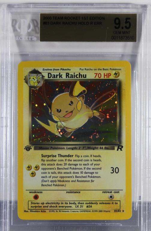 Pokemon Team Rocket 1st Ed Dark Raichu Err BGS 9.5: United States,2000 2000 Pokemon Team Rocket 1st edition Dark Raichu holographic error trading card. The card was printed with number "83/82", BGS 9.5 GEM MINT. Overall good condition.,BGS case 5 1/8"