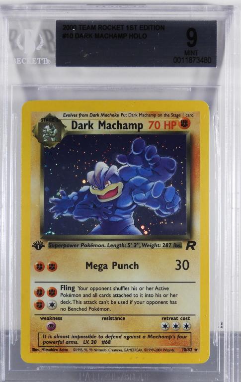 Pokemon Team Rocket 1st Ed. Dark Machamp BGS 9: United States,2000 2000 Pokemon Team Rocket 1st edition Dark Machamp holographic trading card, BGS 9 MINT. Overall good condition.,BGS case 5 1/8" x 3 1/4"