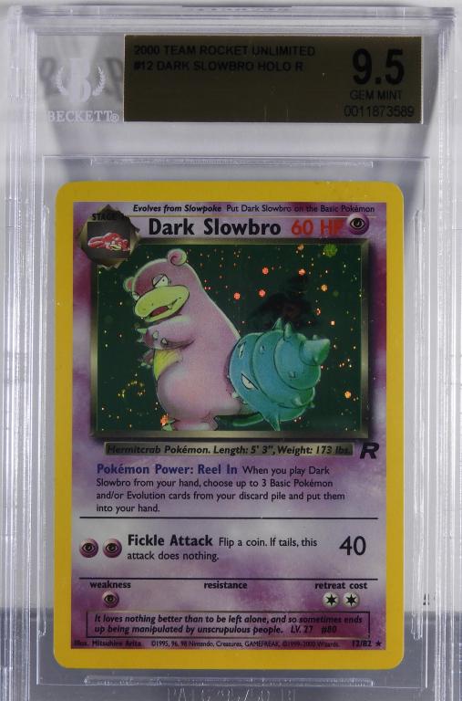 2000 Pokemon Team Rocket Unl. Dark Slowbro BGS 9.5: United States,2000 2000 Pokemon Team Rocket Unlimited Slowbro holographic trading card, BGS 9.5 GEM MINT. Overall good condition.,BGS case 5 1/8" x 3 1/4"
