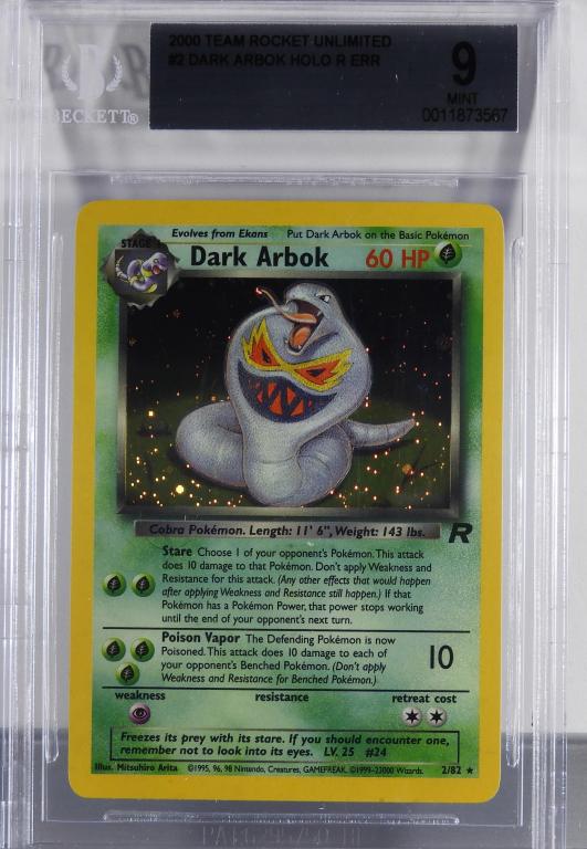 2000 Pokemon Team Rocket Unl. Dark Arbok Err BGS 9: United States,2000 2000 Pokemon Team Rocket Unlimited Dark Arbok holographic error trading card. The card was printed with number "2/82" compared to "19/82", BGS 9 MINT. Overall good condition.,BGS ca