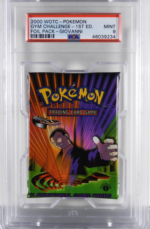 2000 Pokemon Gym Challenge 1st Ed Foil Pack PSA 10: United States,2000 2000 Wizards of The Coast Pokemon Gym Challenge 1st edition Giovanni trading card foil pack, PSA 10 GEM MT. Overall good condition.,PSA case 7" x 4 1/4"