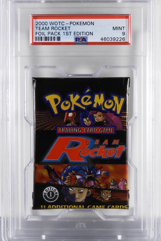2000 Pokemon Team Rocket 1st Ed. Foil Pack PSA 9: United States,2000 2000 Wizards of The Coast Pokemon Team Rocket 1st edition trading card foil pack, PSA 9 MINT. Overall good condition.,PSA case 7" x 4 1/4"