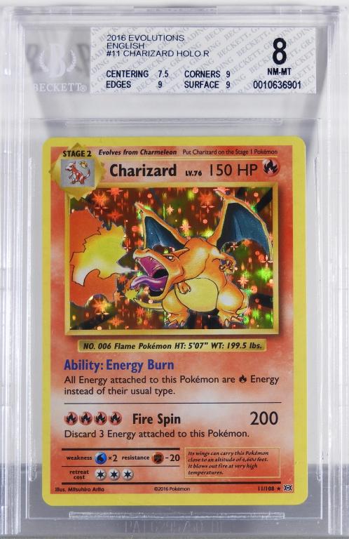 2016 Pokemon Evolutions Charizard BGS 8: United States,2016 2016 Pokemon Evolutions Charizard holographic trading card, BGS 8 NM-MT. Overall good condition.,BGS case 5 1/8" x 3 1/4"