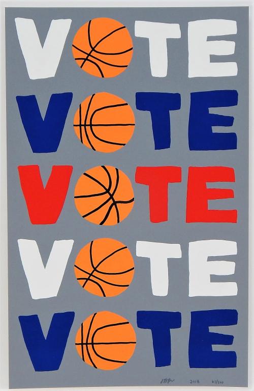 Jonas Wood Vote Modernist Basketball Screenprint: Jonas Wood Massachusetts b.1977 Vote, 2018, 6-color screenprint on Coventry rag paper, edition 63 of 300. Signed "JBW", dated "2018" and editioned "63/300" in lower margin. Paper 20 1/2"x 14 3/5",Scre