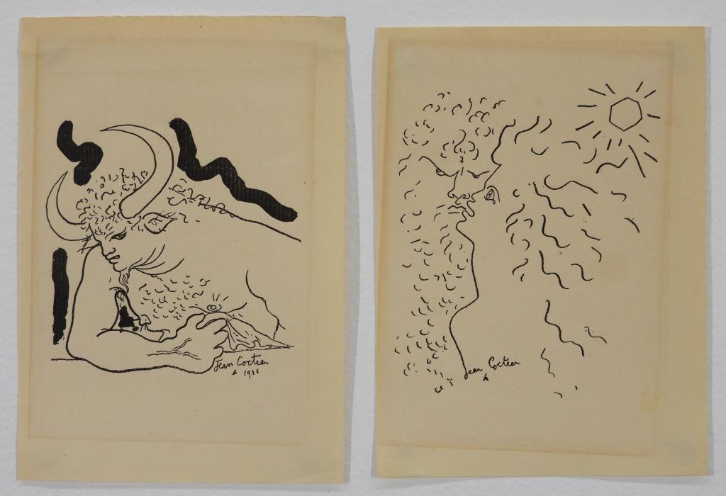 2PC Jean Cocteau Minotaur Figurative Lithographs: Jean Cocteau France 1889-1963 Two works, Minotaur, 1933 and Man and Woman, undated, lithograph on woven paper. Deaccessioned from the collection of the Huntsville Museum of Art, proceeds to benefit th