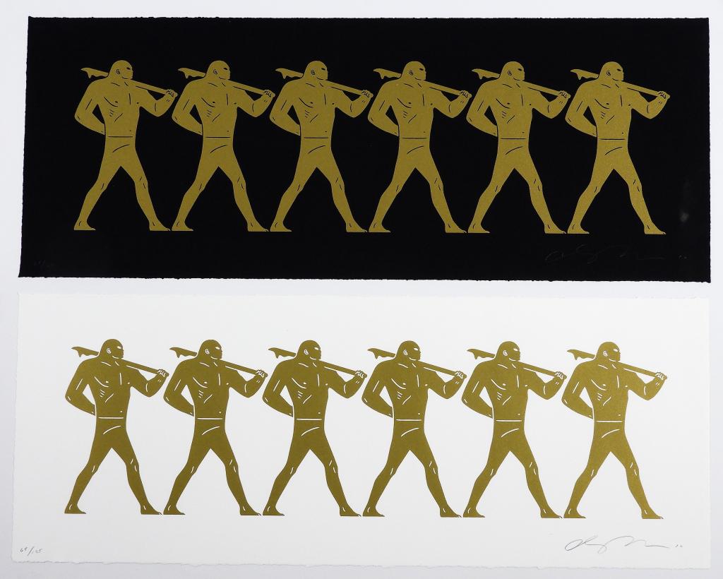 2PC Cleon Peterson The Marchers Screenprint: Cleon Peterson Washington b.1973 Two Works, The Marchers (Black, White), 2016, hand pulled screenprint on Coventry rag paper, edition 68 of 125. Each signed and editioned "68/125" in margin. Each 13"