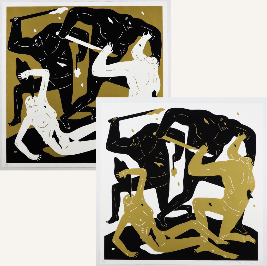 2PC Cleon Peterson Into The Sun Screenprint: Cleon Peterson Washington b.1973 Two Works, Into the Sun (White, Gold), 2016, hand pulled screenprint in color on Coventry rag paper, edition 57 of 125. Each signed and editioned "57/125" in margin. E