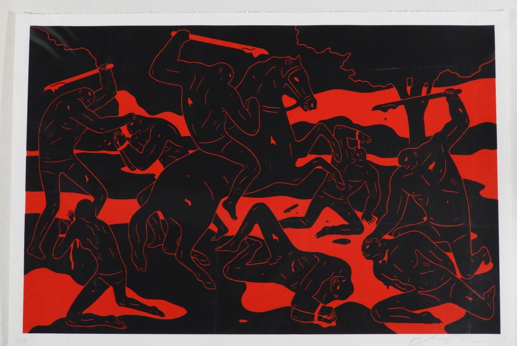Cleon Peterson River Of Blood Screenprint: Cleon Peterson Washington b.1973 River Of Blood, 2016, hand pulled screenprint on Coventry rag paper, edition 39 of 150. Signed and editioned "39/150" in margin. Paper 27" x 40",Screenprint on paper P