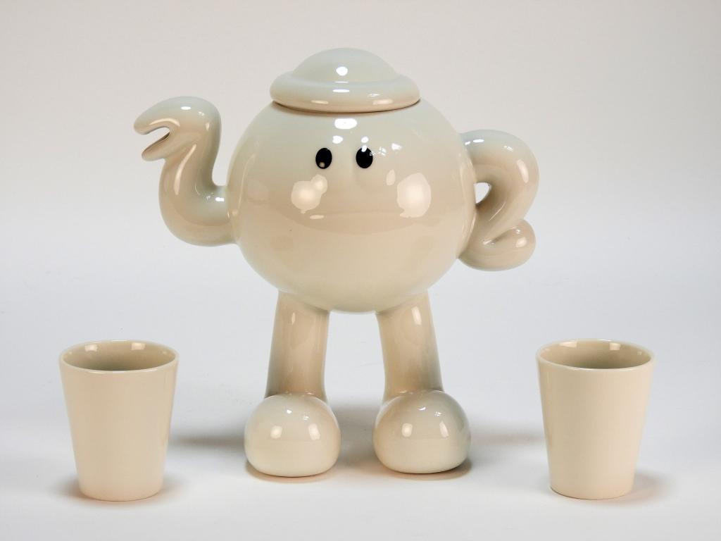 James Jarvis Teapot White Porcelain Sculpture: James Jarvis United Kingdom b.1970 Teapot, 2019, white glazed porcelain, edition 44 of 250, published by Case Studyo, Belgium. Stamped on underside. 7 1/4" tall,Cups 2 3/5",Porcelain From a private Ba