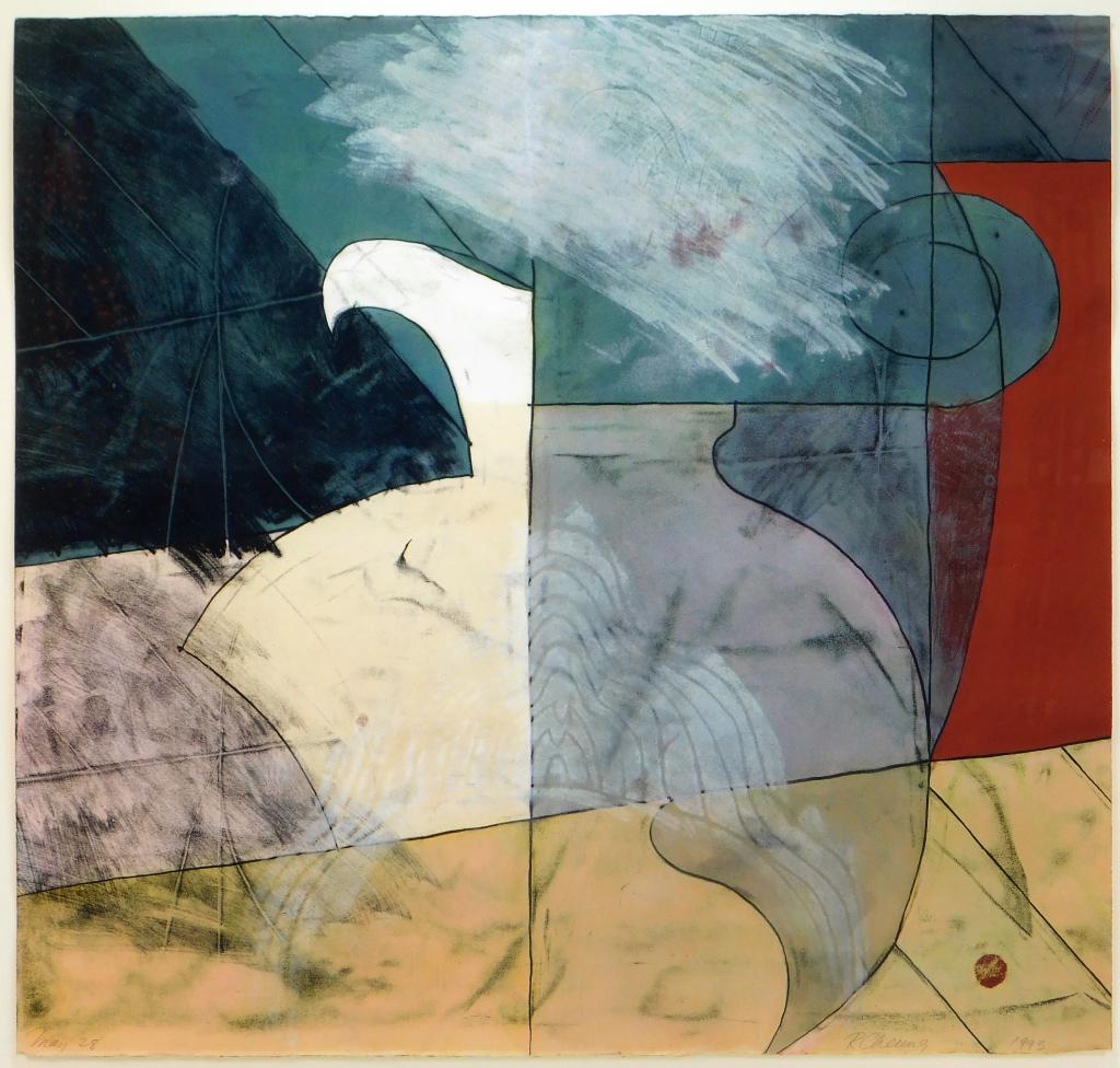 R. Cheung Abstract Mix Media Painting: R. Cheung Asia 1995 Geometric planes of red, blue, and white outlined by thin black lines. Sight 27 1/4" x 29",Frame 32 3/4" x 3 1/4",Mix media Signed and dated "R. Cheung 1995" lower right in pencil,