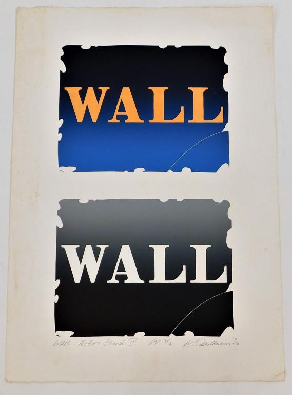 Robert Indiana Wall Right Stones IV Lithograph: Robert E. Indiana New York 1928-2018 Bold salmon and white lettering encased in deep blue and black boxes. Image area 32 1/2" x 19",Overall 41 3/4" x 29 1/2",Lithograph on paper Titled, numbered, sign