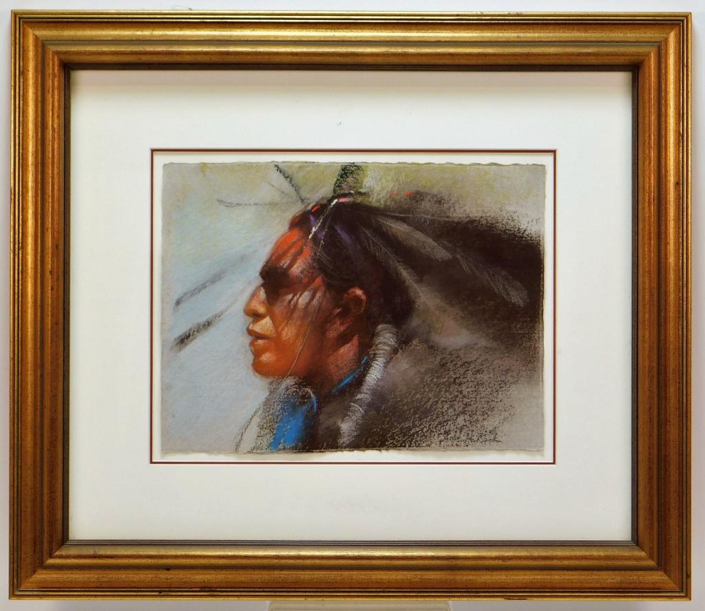 Clifford Beck Native American Pastel Drawing: Clifford Beck Jr. Arizona 1946-1995 Titled "Distant Thoughts II", depicts a portrait of a Native American man gazing thoughtfully into the distance. Beck is a Navajo Indian who studied at the Californ