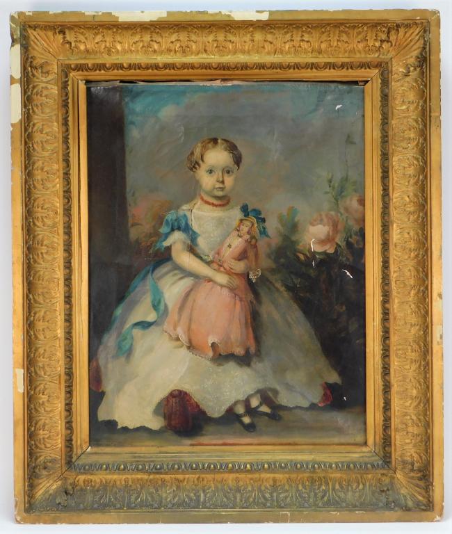 1860 American Folk Art Child Boston Painting: William Davis United States 19th Century Portrait of a young girl dressed in a white dress with blue ribbons holding a doll beside large pink roses. Canvas 20 1/2" x 16",Frame 28" x 23 1/2",Oil on can
