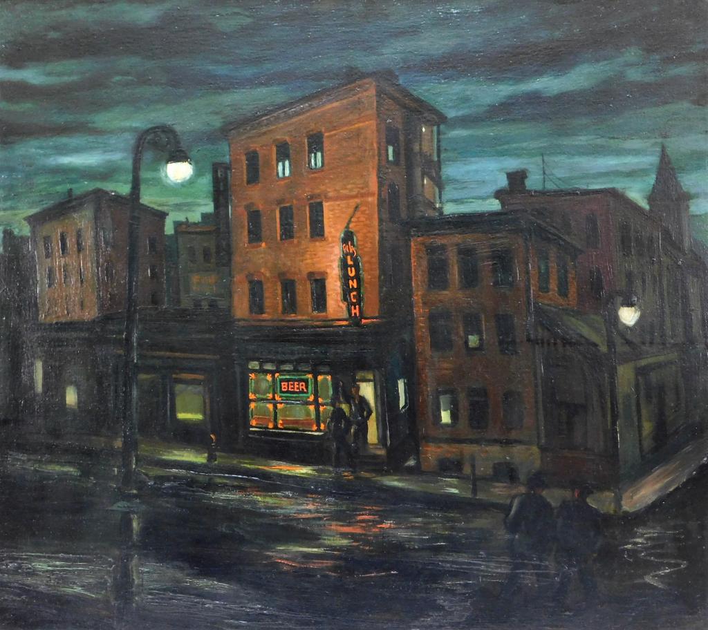 Gordon Steele Modern Nocturnal Street Painting: Gordon Steele New York 1906-1961 Titled "Stormy Streets" depicting flooded streets outside a bar on a dark night. As an artist Gordon Steele had a prolific career in Upstate New York and New England t