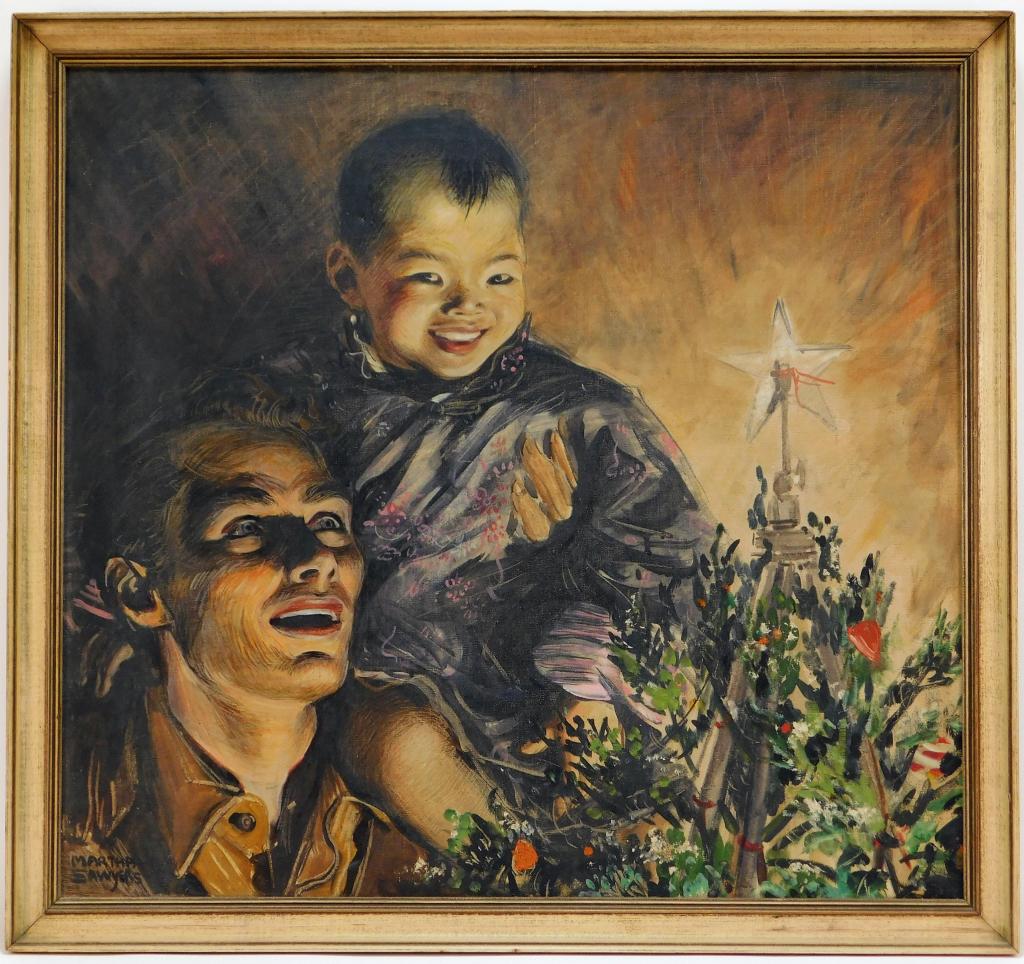 Martha Sawyer Illustration Genre Painting: Martha Sawyer Texas 1902-1988 Depicting a tender moment between a man and young child illuminated by a Christmas tree topper. Sawyers is best known for her illustrations of people from different cultu