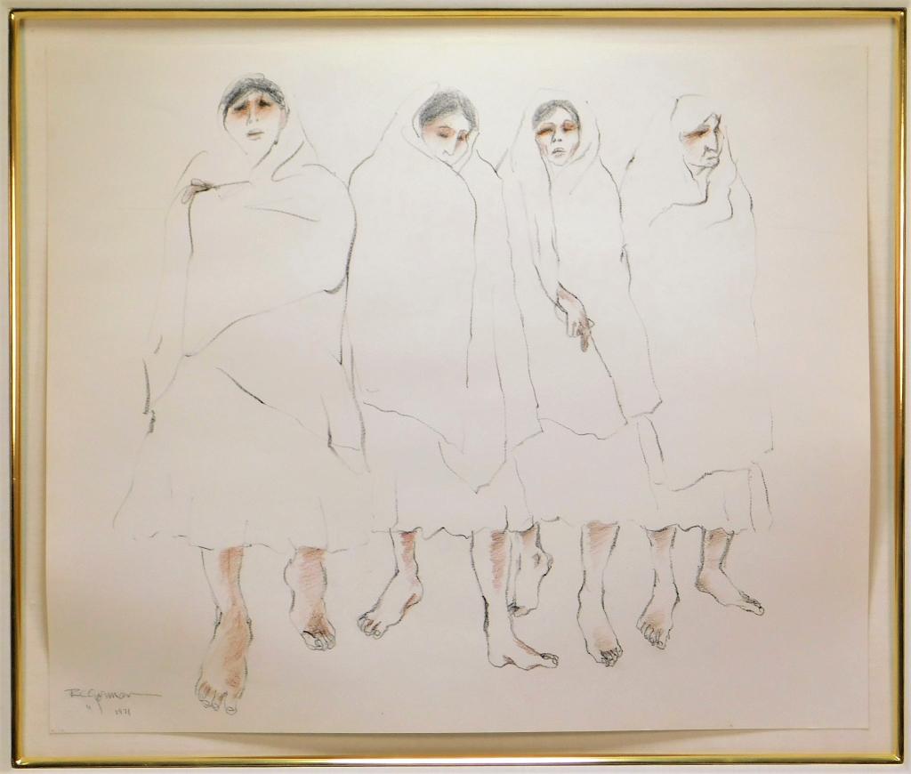 R. C. Gorman Women in White Pencil Drawing: R. C. Gorman New Mexico, Arizona, California 1932-2005 Abstracted depiction of four Native American women wrapped in white shawls. Gorman was best known for his abstracted Indigenous figure paintings,