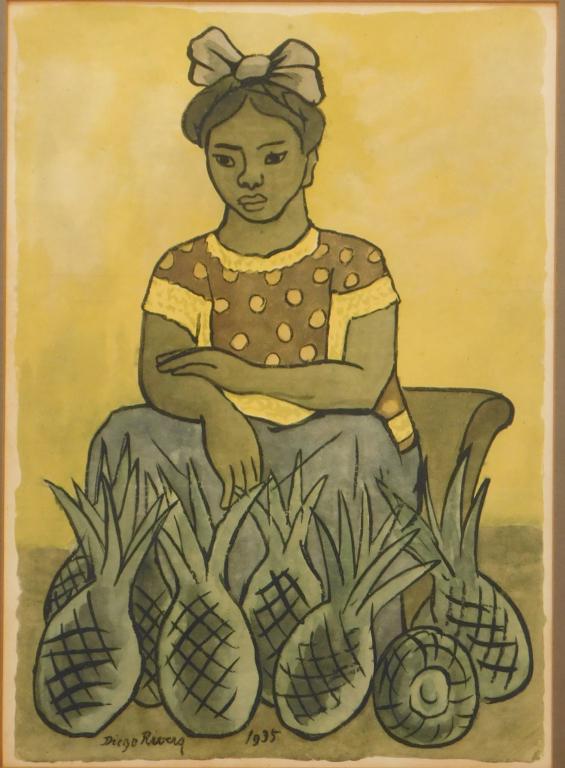 Diego Rivera Girl with Pineapples Lithograph Print: Diego Rivera New York, Michigan, Mexico 1886-1957 Social realist depiction of a young girl seated behind a row of pineapple. Sight 15 1/4" x 10 3/8",Frame 25" x 19 3/4",Watercolor on paper Signed and