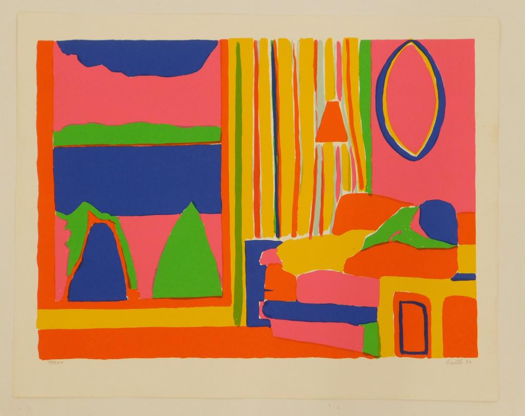 John Grillo Polychrome Lounging Woman Lithograph: John Grillo Massachusetts 1917-2014 Depicts a woman lounging on a couch in striking pink, orange, blue, yellow, and green tones. Image area 21 3/4" x 29 1/2",Overall 26" x 33 3/4",Lithograph on paper