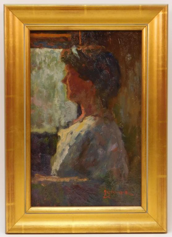 Bernard Lennon Woman in Blue Portrait Painting: Bernard Lennon New York, Connecticut 1914-1992 Titled "The Blue Head Band", depicts a young woman dressed in blue gazing out a window, applied with heavy impasto. Board 11 3/4" x 7 3/4",Frame 14 5/8" 