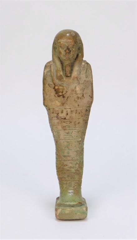Ancient Egyptian Faience Pottery Ushabti: Egypt Circa 600 BC Mummiform statue with hieroglyphs carved into the body with remnants of green glaze. 7 1/2" t x 2" w x 1 1/2" d,,Stone ,From the collection of a Hope Valley, Rhode Island lady.