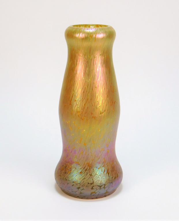 Czech Bohemian Art Glass Vase: Bohemia 20th Century Shapely deco vase with creamy iridescent papillon style pattern over clear yellow glass. 10 1/8" x 4 1/8" dia.,,Glass ,From the collection of a Medfield, Massachusetts gentleman.