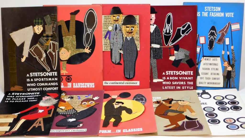 10 Stetson Fashion Advertisement Mock Up Posters: United States 20th Century Includes a collection of ads for the "Continental Customer" amongst others with slogans and fabric samples throughout. 18" x 12",,Mix media ,From the collection of a Medfiel