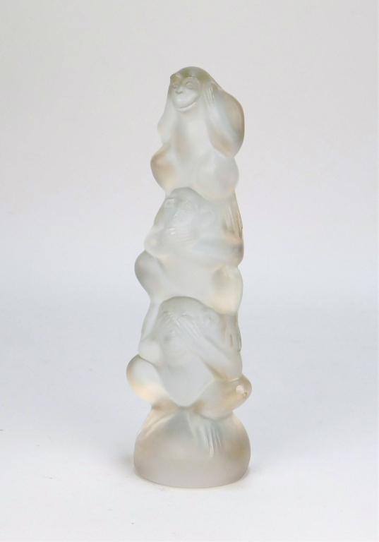 Mario Petrucci Frosted Glass Monkey Statue: Mario Petrucci Austria 20th Century Art deco depiction of three stacked monkeys in the see no evil, speak no evil, hear no evil positions. 7 3/8" t x 2 5/8" w x 2" d,,Glass Marked "Modell Mario Petruc