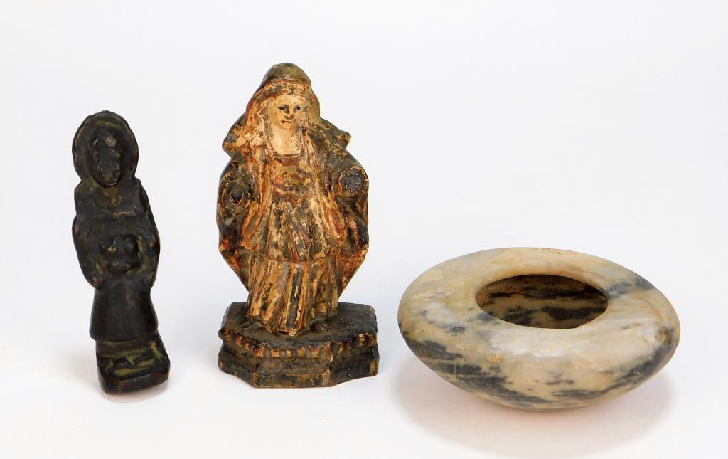 3PC Egyptian Portuguese Tibetan Reliquary Group: Egypt, Tibet, Portugal 18th Century or earlier Includes a Portuguese carved wood and gesso figure of the Virgin Mary, a Tibetan bronze statue of a standing figure, and an Egyptian alabaster coupe. Sma
