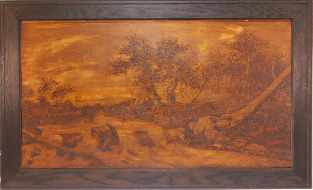LG Pyrography Impressionist Landscape Wood Panel: United States 19th-20th Century Pyrographic depiction of a meadow surrounded by lush foliage and large rocks. Wood panel 24 1/2" x 45 3/4",Frame 31 1/2" x 51 3/4",Wood ,From the collection of a Bristo