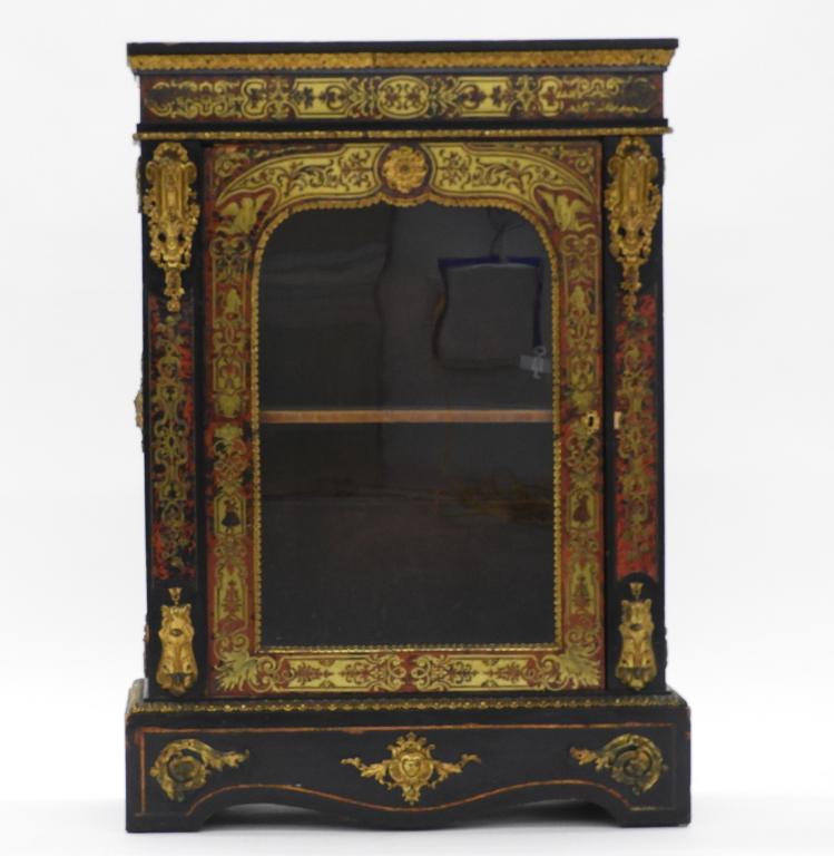 19C French Brass Ormolu Boulle Cabinet: France 19th Century Rectangular dark tortoise shell stained cabinet with inlaid brass and lacquer ormolu accents and central glass panel door. 44" x 31" x 12",,Wood, brass, and laquer ,From the estate