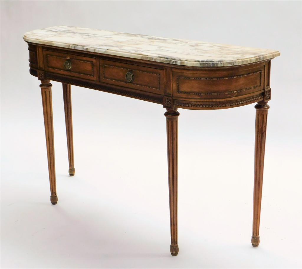 Louis XVI Style Marble Top Demilune Console Table: France Circa 1940 Marble top over two drawers supported by four finely turned fluted legs with brass feet. 31" t x 48" w x 14"d,,Marble ,From the collection of a Newport, Rhode Island gentleman.