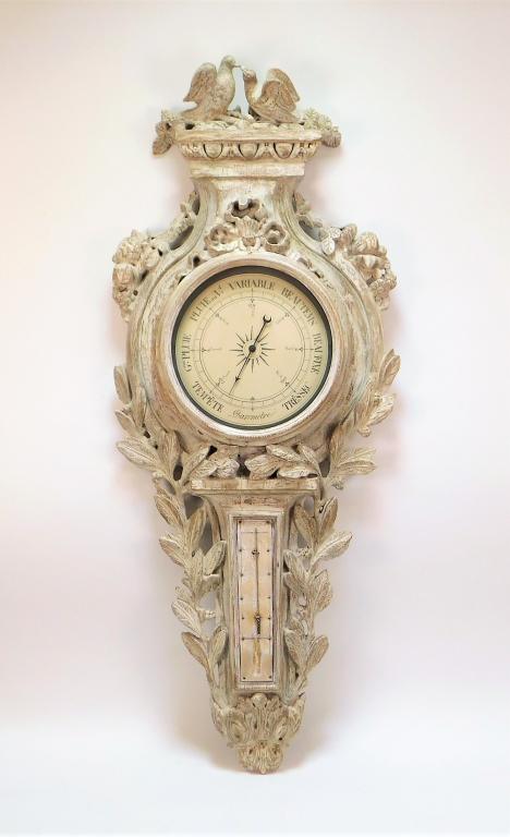 French Louis XV Style Avian Carved Wood Barometer: France 20th Century Barometer with two carved birds over egg and dart molding over pierced bow crest with sprays of laurel leaves. 43 1/2" x 17 3/8",,Wood, glass ,From the collection of a Newport, Rho