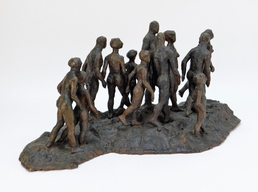 Nathan Hale Figural Abstract Nudes Bronze Statue: Nathan Cabot Hale New York, California b.1925 Depicts a group of male and female nude figures of various ages walking together over rocky terrain. 9 1/2" t x 20" l x 9 1/2"d,,Bronze Signed "N. Hale" o