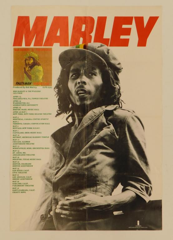 Bob Marley and the Wailers 1976 Tour Poster: United States 1976 Poster depicts a black and white Bob Marley wearing a jacket and brimmed hat with tour dates and locations down the left side. 35" x 23 1/2",,Lithograph on paper Marked "1976 Island