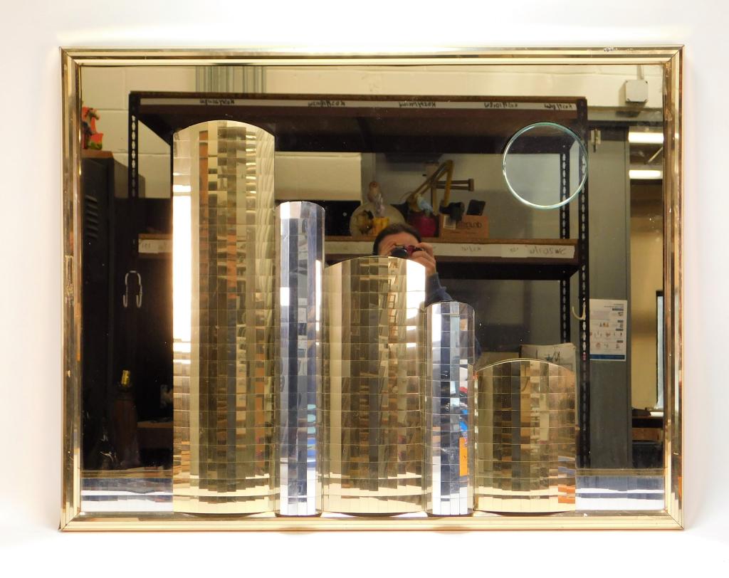 MCM Scarface Hollywood Cityscape Sculpture Mirror: 20th Century Rectangular mirror with a three dimensional mirrored mosaic city skyline applied to the surface. 28" x 36 1/2",,Glass ,From the collection of a Medfield, Massachusetts gentleman.