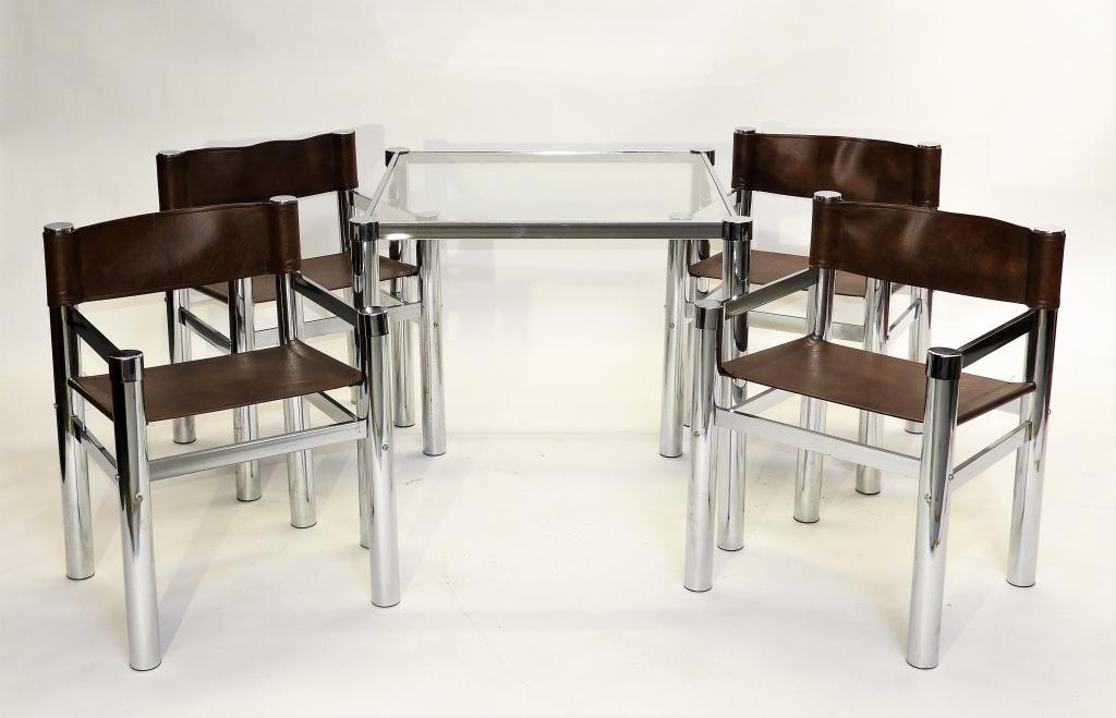 5PC MCM Chrome Table and Sling Back Chairs: United States 20th Century Square glass top over cylindrical chrome legs with four chrome and brown leather sling back chairs. Table 29 1/2" t x 33" w x 33" d,30" t x 21 1/2" w x 19" d,Glass, chrome,