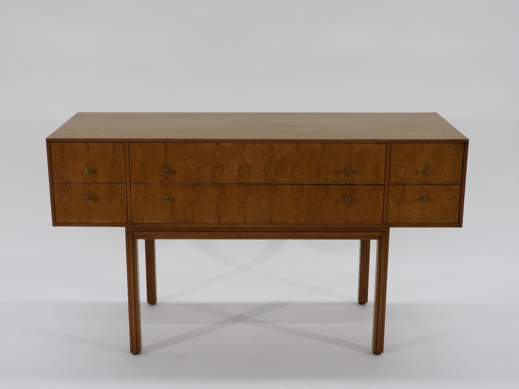 Romweber Dark Provence 6 Drawer Server: United States 20th Century Rectangular six drawer server stylishly inlaid with burl wood on straight legs. Model #1006 32" t x 56 1/2" w x 20" d,,Bleached walnut with burl inlay Company label inside d