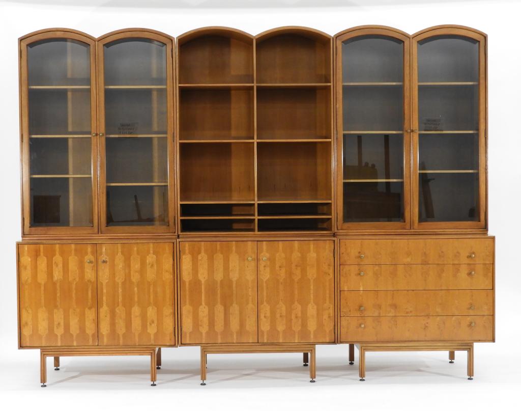 Romweber 6 Piece Dark Provence China Server: United States 20th Century Three section unit with step back bookcase china servers over a pair of cabinets and a bank of four drawers. Model numbers: two 1012 glass bookshelves, 1010 open bookshelf, 