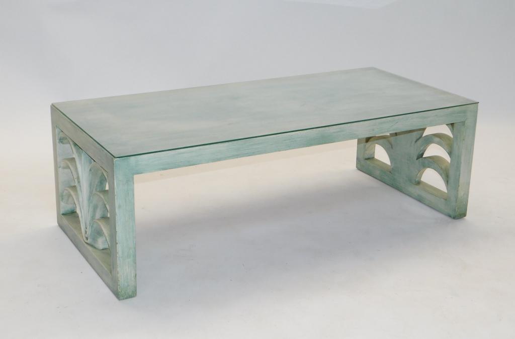 Widdicomb Glass Top Green Veneer Coffee Table: Michigan 20th Century Rectangular glass top over rectangular top over two carved panel legs with organic motifs finished in a pale green veneer. 16" t x 48" w x 22" d,,Wood Marked "Modern Original Wid