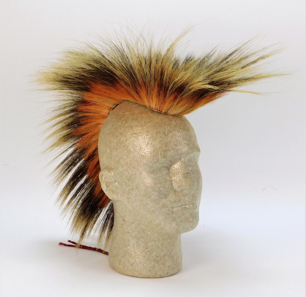 Plains Indian Porcupine Hair Roach Headdress: United States 20th Century Headdress made of porcupine guard hair with red staining on woven base. Overall approx 24" long,,Porcupine ,From the collection of a Franklin, Massachusetts lady.