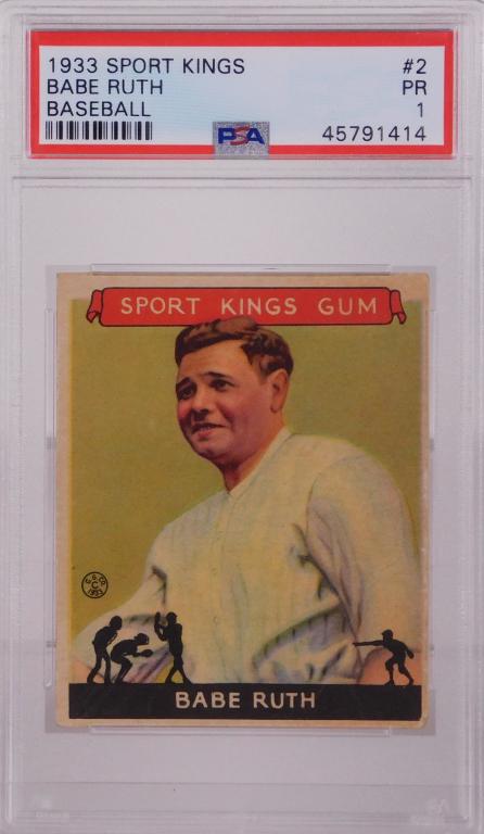 1933 Sport Kings Babe Ruth #2 PSA 1 Baseball Card: United States 1933 1933 Sport Kings Babe Ruth #2 baseball card, PSA 1 PR. Front of card displays beautiful, poor grade due to glue residue and tearing from scrap book on reverse. PSA case 5 1/4" x 3 1