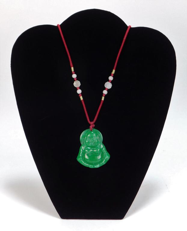Chinese Apple Green Jadeite Buddha Necklace: China 20th Century Apple green carved jadeite Buddha pendant with white jade beads, tested with presidium tester. Stone weight as seen 25 grams. Necklace length 26",Pendant 2" x 1 5/8",Jadeite ,From t