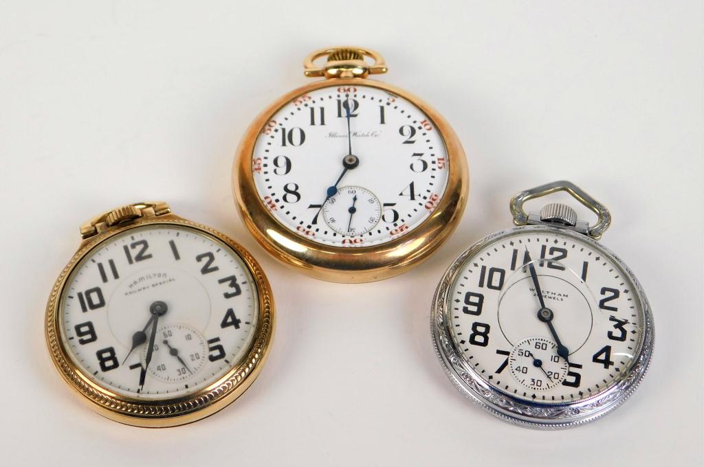 3 Assorted American Pocket Watches: Massachusetts, Illinois Late 19th-Early 20th Century Includes a Waltham model 1908 with 21 jewels, breguet hairspring, and open face design with train decorated back, an Illinois model 6 with 17 jewel