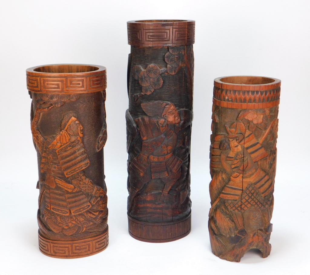 3 Meiji Taisho Japanese Samurai Bamboo Brush Pots: Japan Meiji Period-Taisho Period Includes three carved bamboo pots depicting fierce Samurai warriors amongst wooded landscapes. Smallest 15 1/4" x 4 3/4",Largest 11 3/4" x 4 3/8",Bamboo ,From the coll