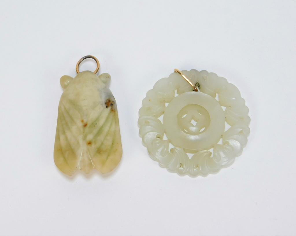 2 Chinese Qing Dynasty Carved Hardstone Medallions: China Qing Dynasty Includes a figural carving of a cicada and one of a bi of bats around a coin shaped medallion which can spin. Cicada 2 1/8" x 1 1/4",Bat 2 1/8" dia.,Hardstone ,From the collection o