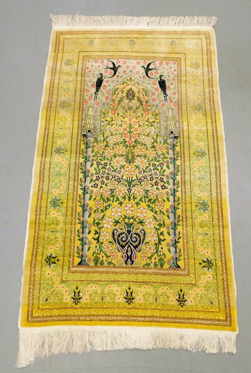 Uzbekistan Floral Yellow Silk Prayer Rug: Uzbekistan 20th Century Blue urn and floral pattern between two columns with four sparrows over yellow ground surrounded by botanical border. 5' 6" x 37 3/4",,Silk, cotton ,From the collection of a Na