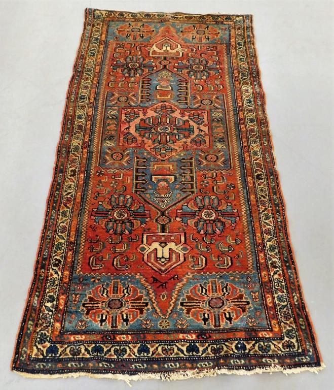 Oriental Blue and Red Geometric Prayer Rug: Middle East 20th Century Three red diamond pattern central medallion over a rich blue field surrounded by three floral and geometric borders. 5' 10" x 3' 1",,Wool ,From the collection of a Barrington,