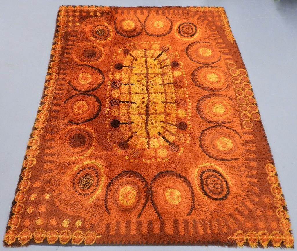 Vintage Rya Orange Brown Shag Room Size Rug: Sweden 60-70's With turtle shell form central medallion with a border of earthy circles within a stylized border. 11' 6" x 8' 1",,Fabric ,From the collection of a Swansea, Massachusetts lady.