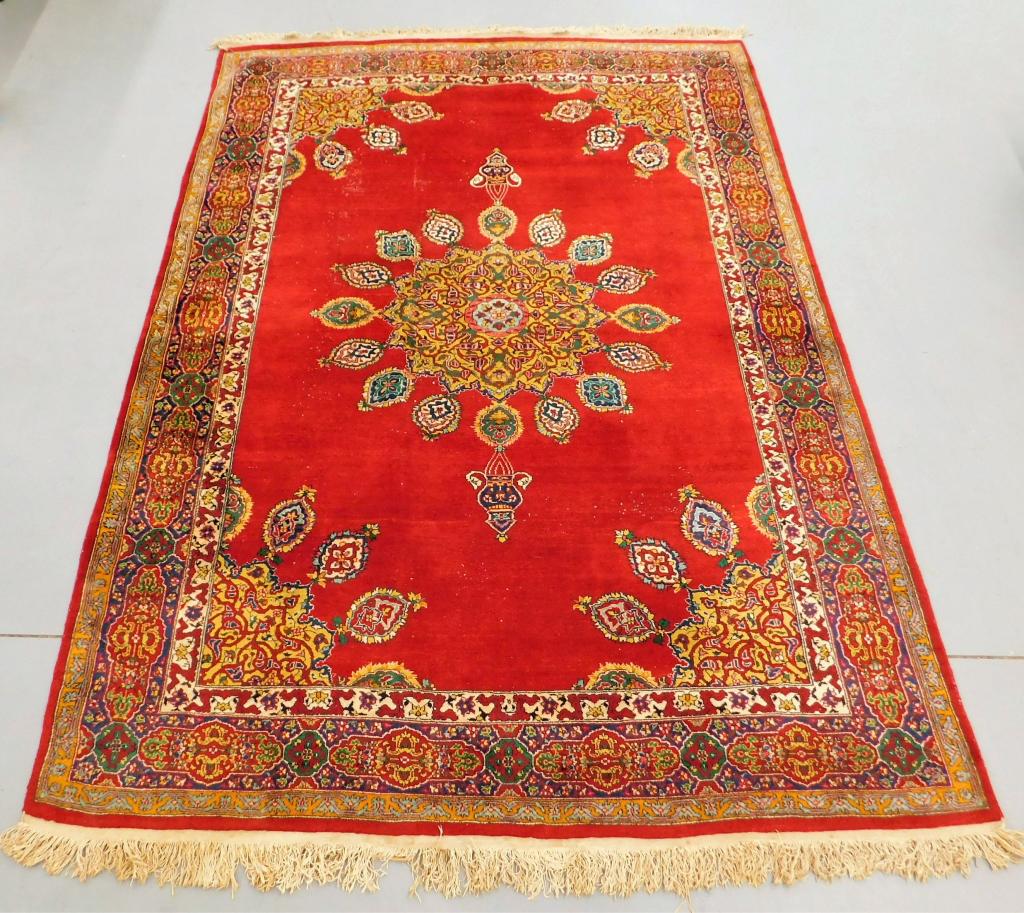 Antique Persian Red Geometric Floral Rug: Middle East 1940 Yellow, navy, and green geometric central medallion over ruby red field surrounded by geometric and floral borders 11' 6" x 8',,Wool ,From the collection of a Providence, Rhode Island